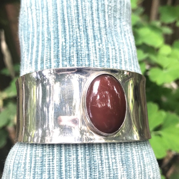 Vintage Mexico Jewelry - Vintage Carnelian + Sterling Cuff Bracelet